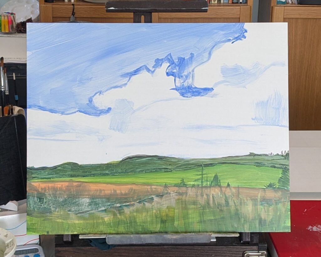 Blocked-in landscape painting with clouds, after the first 30 minutes, before the time-lapse recording