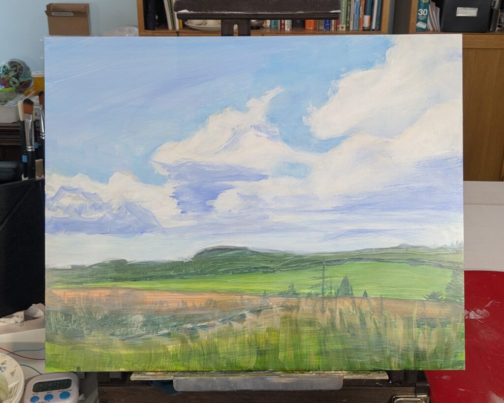 In progress landscape painting with clouds, after the second 30 minute session, after the time-lapse recording