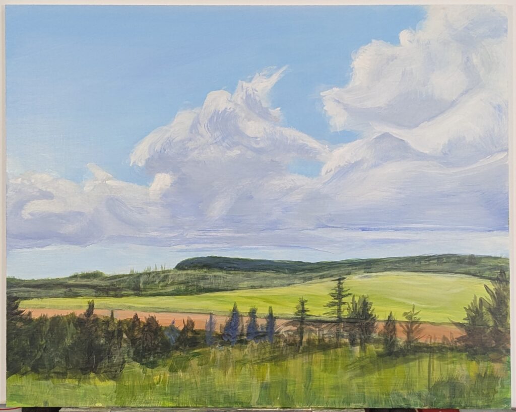Painting in progress showing rolling fields and wooded hills below tall fluffy clouds.